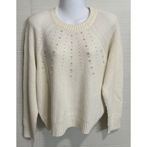 French Connection Ivory Pearly Embellished Sweater L, Holiday City Party NWT